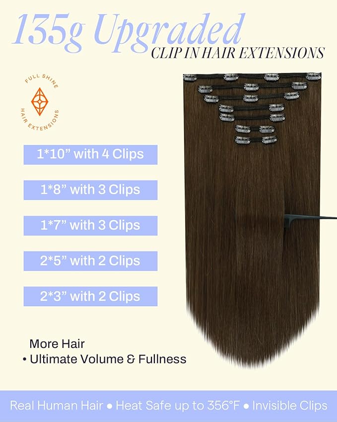 Full Shine Golden Brown Hair Extensions 18 Inch Golden Brown Clip in Extensions Clip in Hair Extensions Remy Human Hair 7 Pcs 135 G