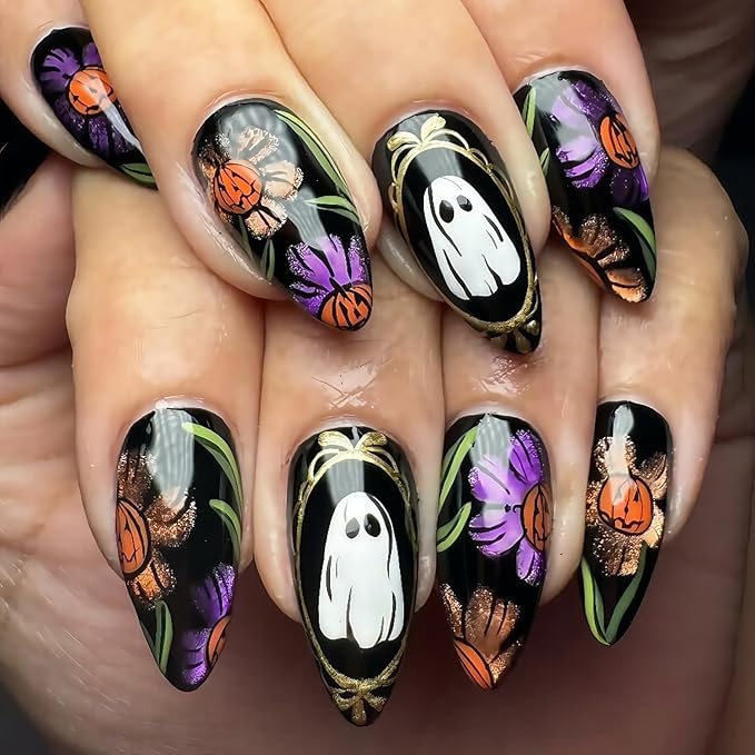 24Pcs Halloween Press on Nails Medium Almond Fake Nails Spooky Graffiti Skull Flower Ghost Design Full Cover Glitter Stick on Nails Dark Black False Nails for Women Acrylic Holiday Nail Decorations