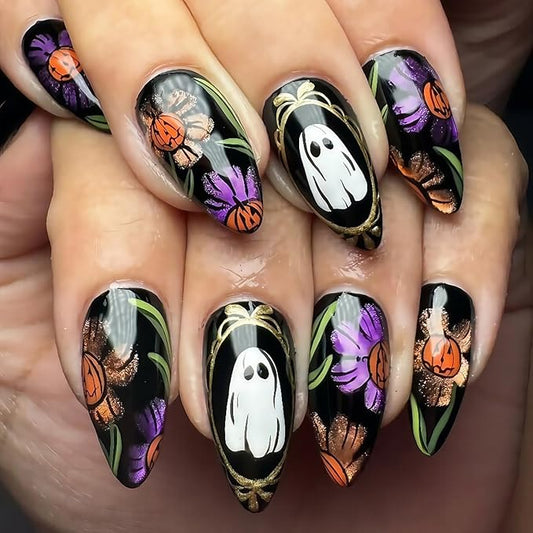 24Pcs Halloween Press on Nails Medium Almond Fake Nails Spooky Graffiti Skull Flower Ghost Design Full Cover Glitter Stick on Nails Dark Black False Nails for Women Acrylic Holiday Nail Decorations