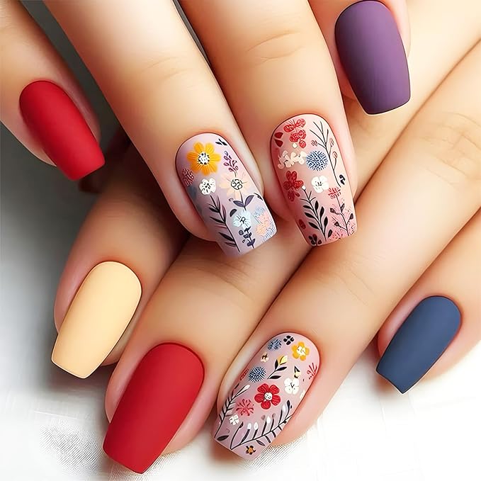 24Pcs Black Leaves Fake Nails Spring Flower Press on Nails Matte Red Flowers Stick on Nails Medium Square Acrylic False Nails Butterfly Gel Glue on Nails for Coquette Women Girls