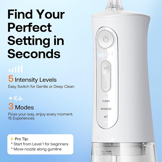 Bitvae Water Dental Flosser for Teeth, Rechargeable Water Teeth Cleaner Picks, 3 Modes 5 Intensities, IPX7 Waterproof, Oral Irrigator USB Cordless Water Dental Picks for Cleaning - Frost White