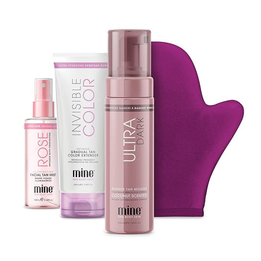 MineTan Ultra Dark Deluxe Bronze Self Tanner Bundle | Achieve Ultra Dark Bronzed, Glowing Skin From Head To Toe - Includes 4 Items, Self Tanner Foam, Self Tanning Lotion, Face Tanner & Self Tan Mitt