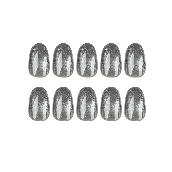 Metallic Silver Press-On Nails – 24 Oval Cat Eye Nails, 12 Sizes, Shiny Chrome Effect, Long-Lasting & Easy DIY Manicure Kit