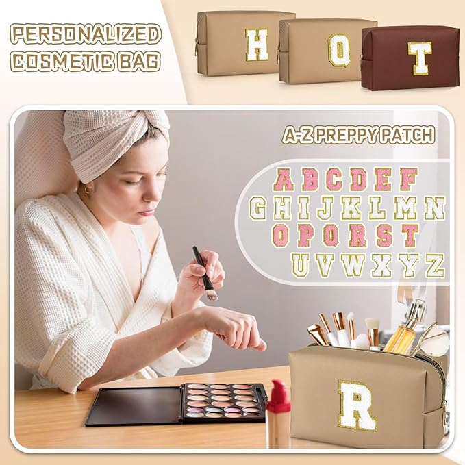 TOPEAST Initial Makeup Bags for Women, Personalized Portable Cosmetic Bag for Travel, Cute Makeup Pouch, PU Leather Waterproof Toiletry Bag, Preppy Things for Girl (Khaki V)