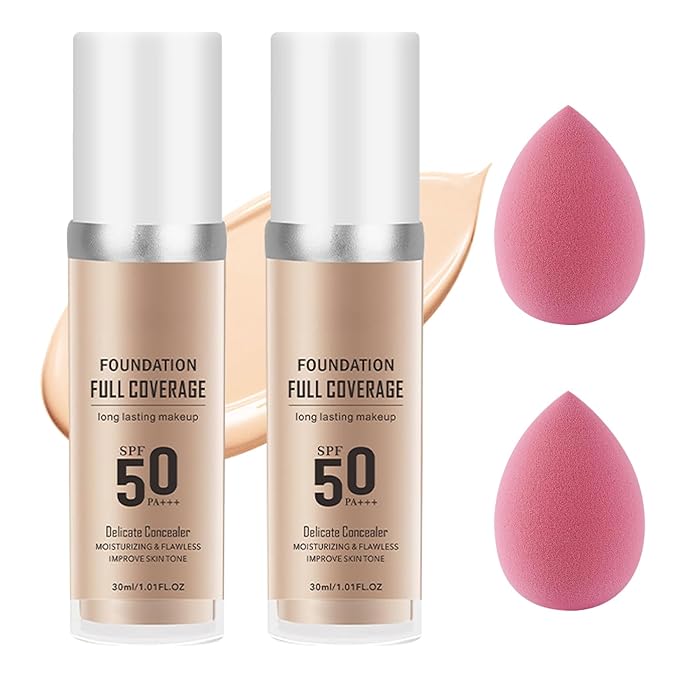 2PCS Natural Color Foundation Makeup Set with 2 Makeup Sponges,Moisturizing Full Coverage Liquid Foundation for Women,Non-greasy Long Lasting Flawless Concealer Cream Makeup Foundation Set