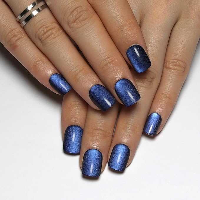 Blue Square Press On Nails Short, Blue to Black Gradient Cat Eye Press on Nails with Glue for Women Ashionable Gel False Nails Reusable Acrylic False Nails Women's Glitter Nails Glue On Nails Kit