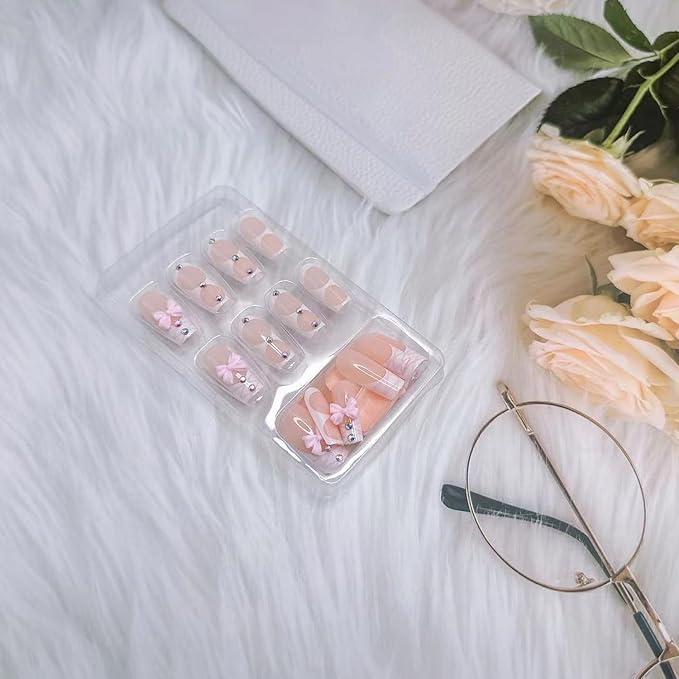 French Tip Press on Nails Fake Nails with French Sweet Pink Bow False Nails Medium Square Nail Cute Pink Press on French Nail Tips Artificial Nails Acrylic Stick on Nails for Women Manicure 24Pcs