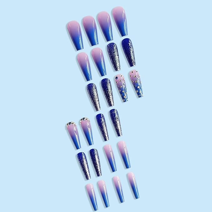 BABALAL Coffin Press on Nails Long Fake Nails with Nail Glue Blue Purple Glue on Nails 24Pcs Glitter Acrylic Nails Ballerina Stick on Nails