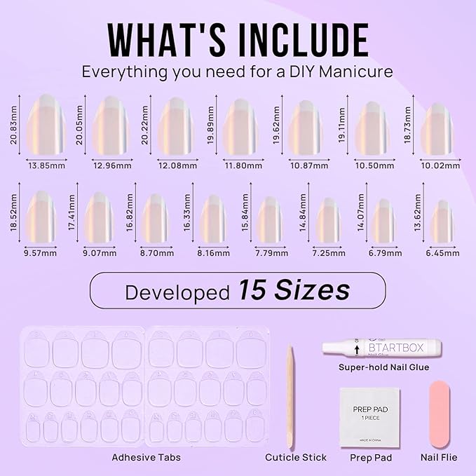 French Tip Press On Nails - BTArtbox White Almond Medium Reusable Stick On Nails in 15 Sizes - 30 Soft Gel Fake Nail Kit for Women Gift, Classic