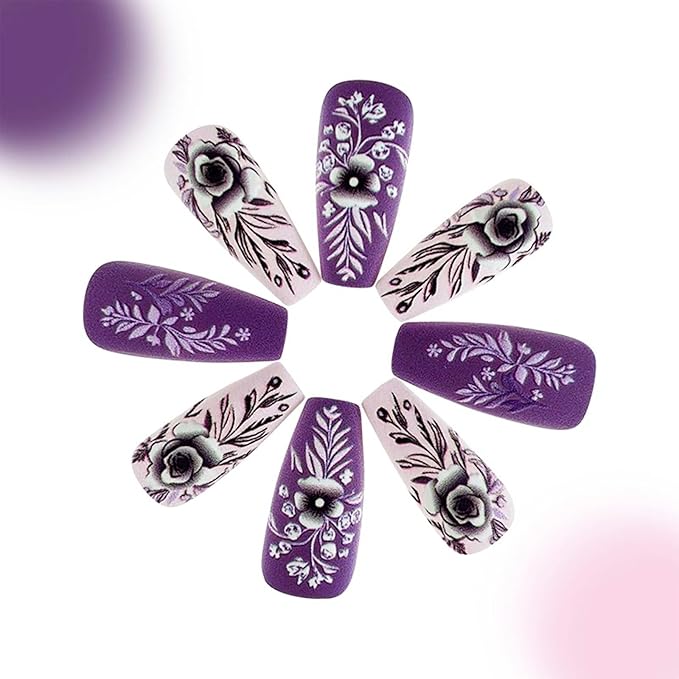 Purple Press on Nails Short Coffin Fake Nails 3D Flower Acrylic Nails Floral Leaf False Nails Matte Stick on Nails Square Artificial Nails for Women Girls Manicure 24Pcs
