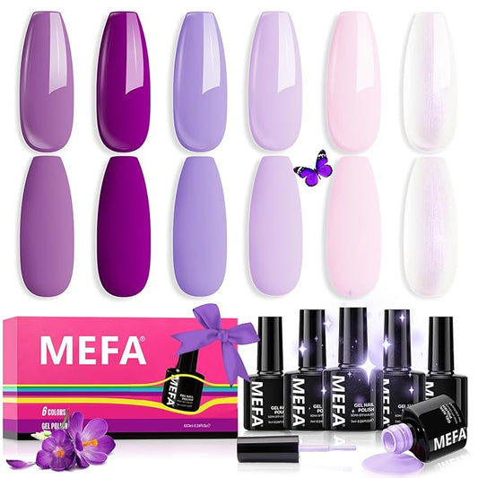 MEFA Purple Gel Nail Polish, 6 Colors Gel Polish Set Pink Shimmer Purple Nail Polish Soak Off Grape Lilac Violet Gel Nail Art Manicure DIY Salon Gifts for Women Girls