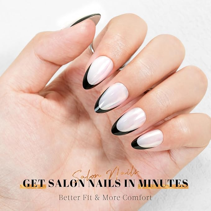 Black French Tip Press on Nails, Jofay Fashion Almond Soft Gel Fake Nails, Classic French Nails, Reusable & Natural Acrylic False Nails, Stick on Nails for Women Girls Gift, Glue on Nails Kit 32Pcs