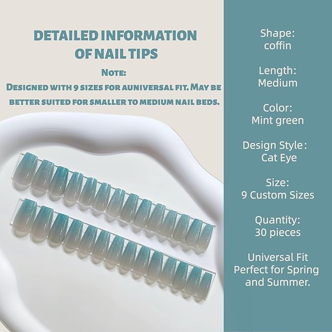 Mint Green Cat Eye Press On Nails - 30PCS Medium Coffin Nails, 9 Sizes for Smaller Nail Beds, Soft Back, Strong Tip, Universal Fit for Spring and Summer