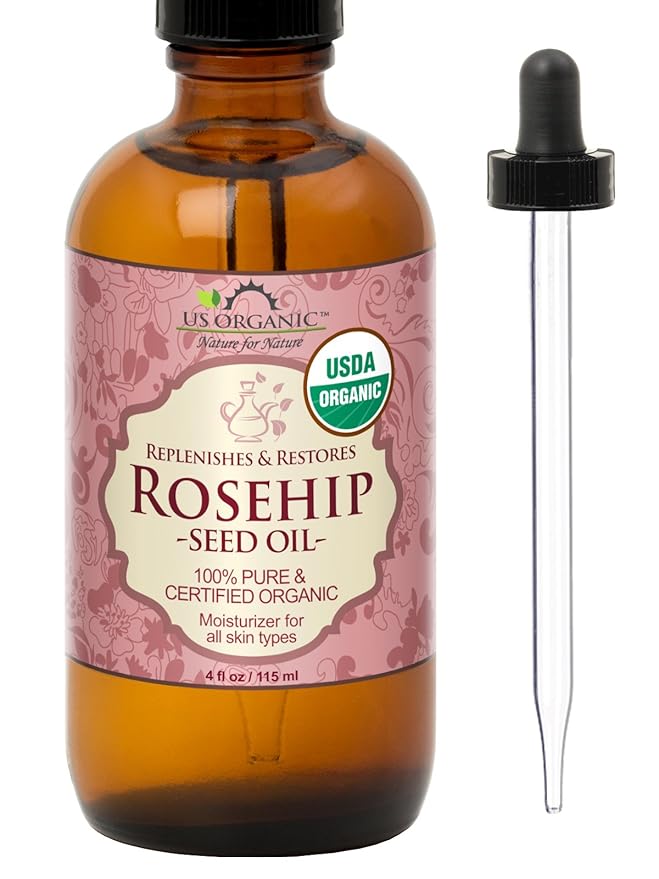 US Organic Rosehip Seed Oil, USDA Certified Organic, Cold Pressed, Virgin Organic, Amber Glass Bottle and Glass Eyedropper for Easy Application - 4 oz (115 ml)