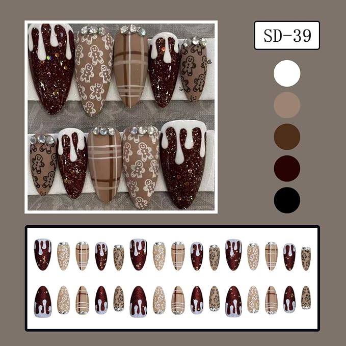 30Pcs Christmas Gingerbread Press on Nails Short Almond Fake Nails Matte Brown Xmas Cartoon Acrylic Nails with 3D Rhinestones Glitter Artificial False Nail Full Cover Glue on Nails for Women