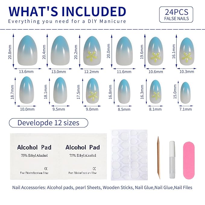Blue Ombre Press On Nails Short Almond, Fall Fake Nails with Blue French Tip and 3D Daisy Flower Design, Glossy Gel Finish Acrylic Nails, Reusable Glue On Nails Kit for Women, 24 Pcs, Daisy Skies