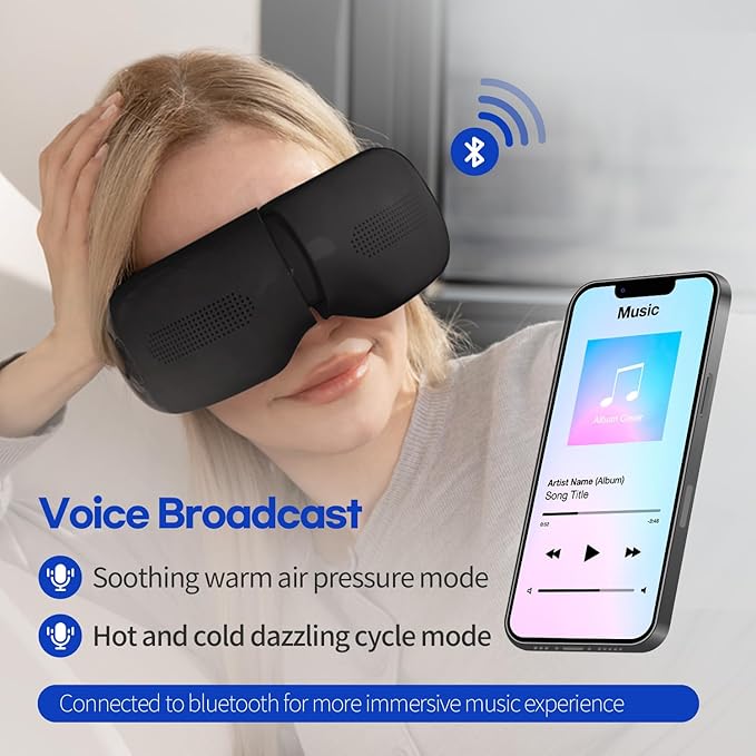 HubiCare Eye Massager with Heat and Cooling for Dark Circles Puffiness Eye Massage for Migraines Bluetooth Music Eye Care for Dry Eyes Sleep Relax (Matte Black)