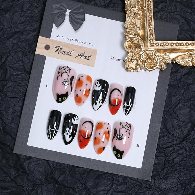 24Pcs Halloween Press on Nails Short Pointed Goth Fake Nails Black Cat with Spider Web Pumpkin Designs Full Cover Glue on Nails Cute Ghost False Nails Horror Glue on Nails for Women Acrylic Manicure
