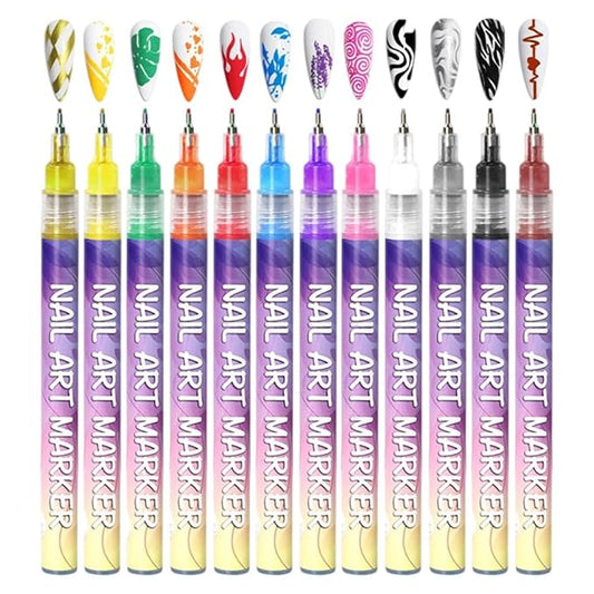 Drkicsy 12 Colors Nail Art Pens Set, DIY Nail Art Markers for Kids and Adults, 0.5mm Fine Tip Nail Polish Pens for Graffiti Dotting Drawing Painting Point Liner (1 Set)