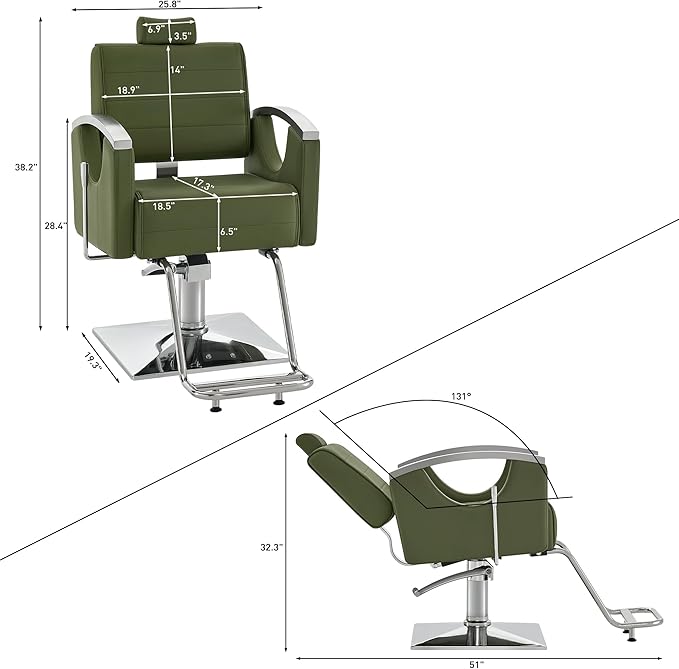 BarberPub Barber Chair for Barbershop,Reclining Salon Chair for Hair Stylist 9180 (Green)