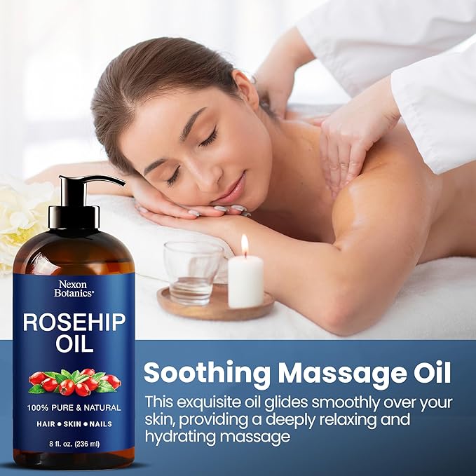 Rosehip Oil for Face 8 fl oz - Rosehip Seed Oil for Gua Sha, Massage, and Skin Care - Aceite de Rosa Mosqueta - Nexon Botanics