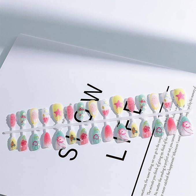 30pcs Summer Press on Nails Medium Almond Fake Nails with 3D Flower Starfish Designs Summer Beach False Nails Pearl Glue on Nails Handmade Full Cover Acrylic Nails Stick on Nails for Women