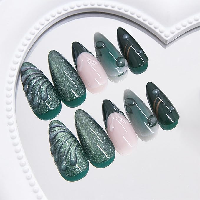 24pcs Green Press on Nails Medium Almond Fake Nails with 3D Leaf Water Drop Designs French Tip False Nails Glitter Glue on Nails Star Acrylic Nails Kit Full Cover Glue On Nails for Women