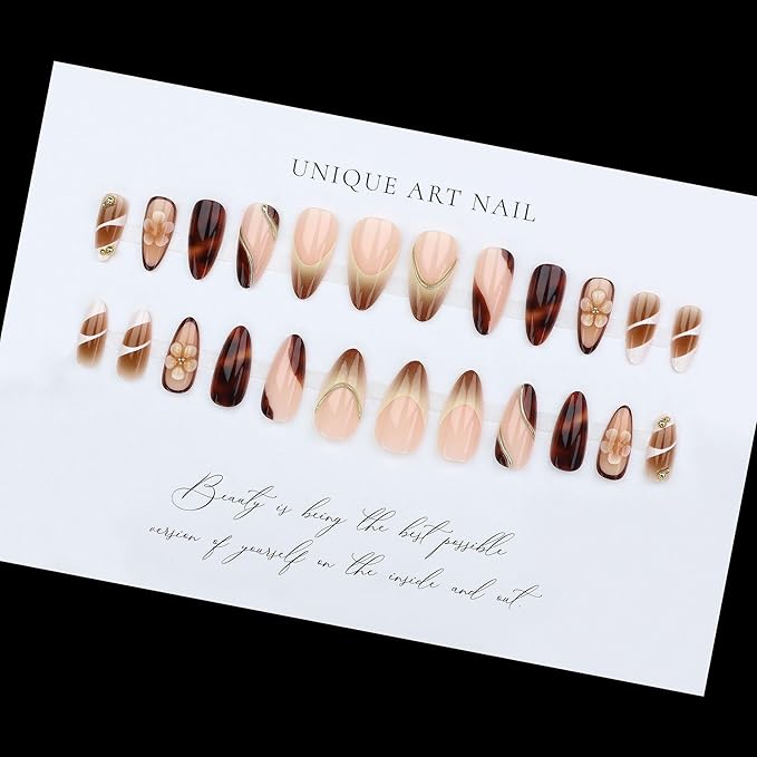 Long Almond Shape Press on Nails Luxury Fake Nails with Floral Design and Gold Accents Stick on Nail for Women 24pcs