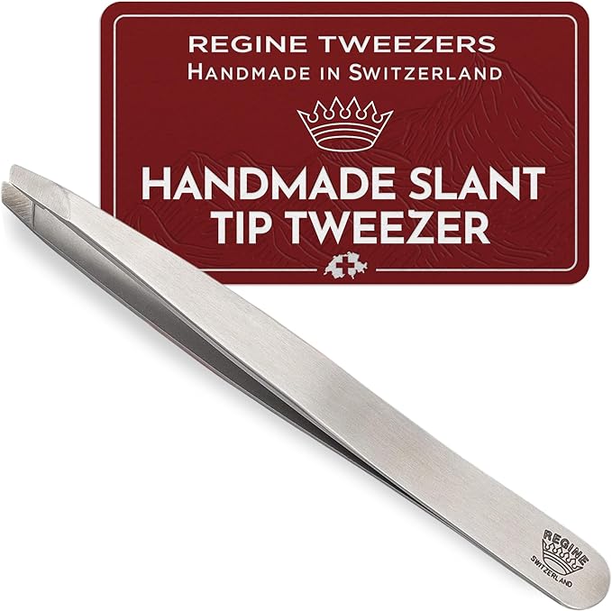 Professional Tweezers Slant Tip - Etched Tip Brow and Eyebrow Tool for Men and Women - Precision Tweezers for Fine Hair, Chin, Lash Extensions - Stainless Steel Handmade Beauty Tool