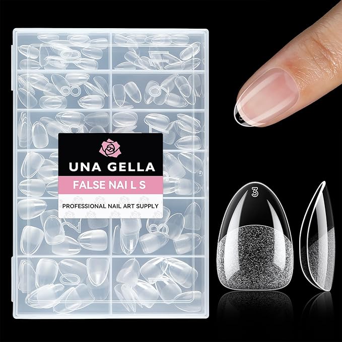 UNA GELLA Extra Short Almond Nail Tips Full Cover 216PCS Gel Nail Tips Short Almond Shaped Nails Tips Soft Gelly Gel Clear Fake Nails Tip for Acrylic Nail Tip Soak Off Home DIY Salon Nails 12 Sizes