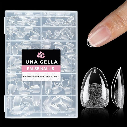 UNA GELLA Extra Short Almond Nail Tips Full Cover 216PCS Gel Nail Tips Short Almond Shaped Nails Tips Soft Gelly Gel Clear Fake Nails Tip for Acrylic Nail Tip Soak Off Home DIY Salon Nails 12 Sizes