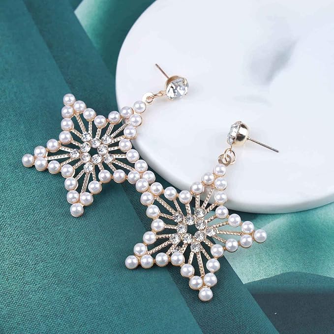 Vintage Pearl Star Drop Earrings Crystal Star Dangle Earrings Gold Rhinestone Stud Earrings Bohemian Large Star Statement Earrings Jewelry for Women and Girls Gifts