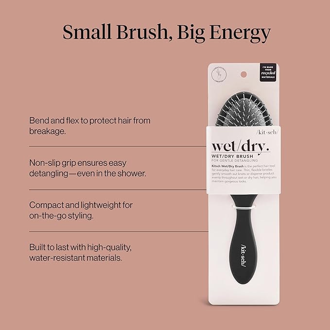 Kitsch Detangler Hair Brush for Wet and Dry Hair, Curly or Straight Hair, Detangling Brush with Flexible Hairbrush Bristles, Hair brushes for Women & Men, Adults & Kids, for Shower & Travel - Black