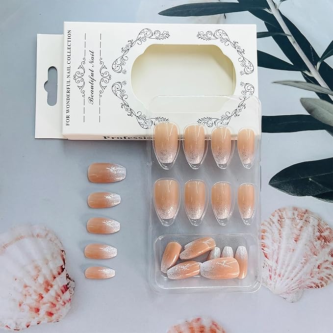 Silver Glitter French Tip Press on Nails Medium Coffin Fake Nails Gradient False Nails Glossy Full Cover Stick on Nails Ombre Glue on Nails Acrylic Artificial Nails for Women 24 Pcs