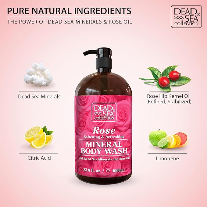 Dead Sea Collection Rose Body Wash for Women and Men - with Pure Dead Sea Minerals and Rose Extract - Cleanses and Moisturizes Skin - Pack of 2 (67.6 fl. oz)