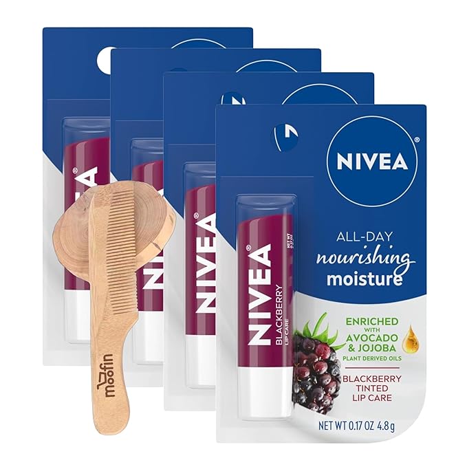 Nivea Lip Balm Hydrating, 0.17 Oz, Enriched with Avocado & Jojoba for Soft, Smooth Lips, Hydrating Lip Balm Includes Moofin Wooden Comb, Blackberry Scent, Lip Balms & Moisturizers, [Pack of 4]