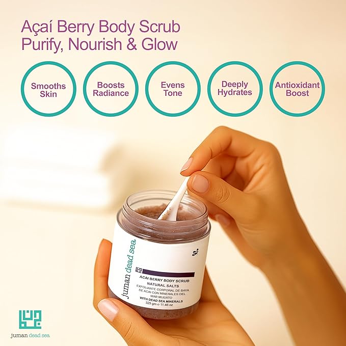 Juman Dead Sea Salt Body Scrub | Infused with Aloe Vera Essential Oil & Cocoa Butter | Acia Berry Scrub | Removes Dead Skin Cells and Rejuvenate Dull Skin | SlS & Paraben Free | Vegan | 11.46 Oz