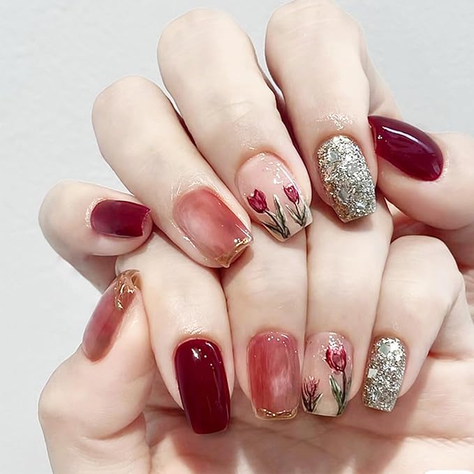 24Pcs Red Tulip Press on Nails 3D Gold Curve Line French Tips Stick on Nails Short Square Acrylic False Nails Glossy Silver Glitter Fake Nails Spring Flower Gel Glue on Nails for Coquette Women Girls