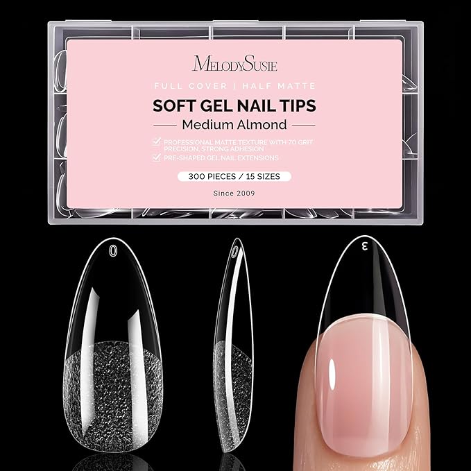 MelodySusie Medium Almond X Nail Tips - 300Pcs Clear Acrylic, Half Matte Full Cover Press on Nails for DIY Extension&Salon Use,15 Sizes Pre-Shaped for Long-Lasting Manicure