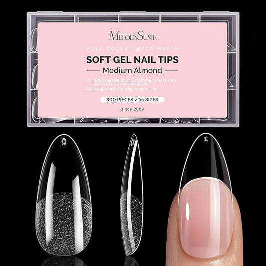 MelodySusie Medium Almond X Nail Tips - 300Pcs Clear Acrylic, Half Matte Full Cover Press on Nails for DIY Extension&Salon Use,15 Sizes Pre-Shaped for Long-Lasting Manicure