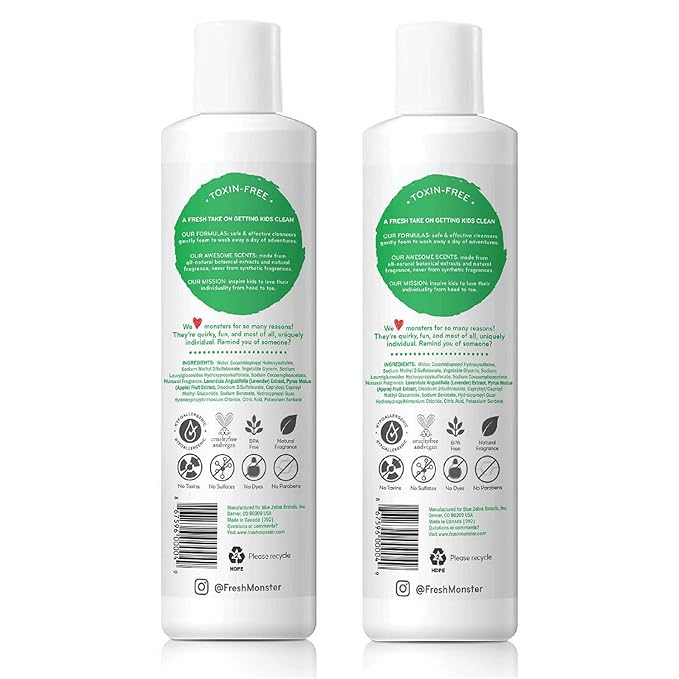 Fresh Monster 2-in-1 Kids Shampoo & Conditioner, Toxin-Free, Hypoallergenic, Tear-free Shampoo & Conditioner for Kids, Coconut (2 Pack, 8.5oz/each)