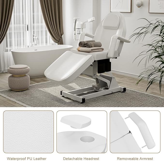 SyyBhb White Fully Electric Spa Bed Tattoo Chair Facial Table 3 Motor with Storage Pocket, 21''-28" Height Backrest Footrest Electric Adjustable, 3-Section Folding