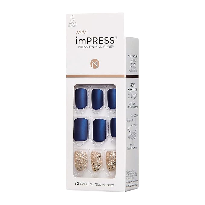 imPRESS Design, Press On Nails, Wannabe Star, Blue, Short, Size, Squoval, Shape, Includes 30 Nails, Prep Pad, Instructions Sheet, 1 Manicure Stick, 1 Mini File