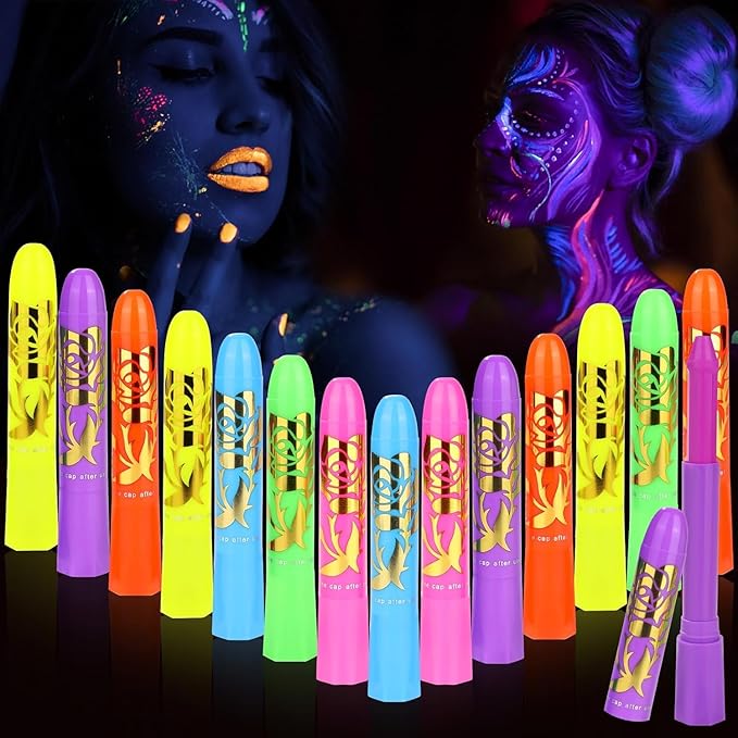 15PCS Glow Body & Face Paint,Glow in The Under UV Light or Black Light,Makeup Face Paint for Kids and Adults Halloween Club Birthday Party Masquerade,Neon Glow Party Supplies