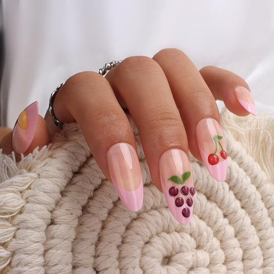 3D Fruit Press On Nails Almond Medium – 24PCS Pink French Tips with Cherry & Grape Design, Cute Acrylic Stick On Nails with Nail Glue Kit, Reusable Summer Fake Nails for Women