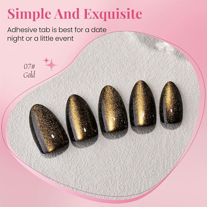 evpct Cat Eye Gold Press on Nails Almond Short, Gold Metal Short Almond Soft Gel Press on Nails with Nail Glue, Fit Perfectly, 30Pcs Reusable Acrylic Fake Press-on Nail Polish Kit for Women Gift