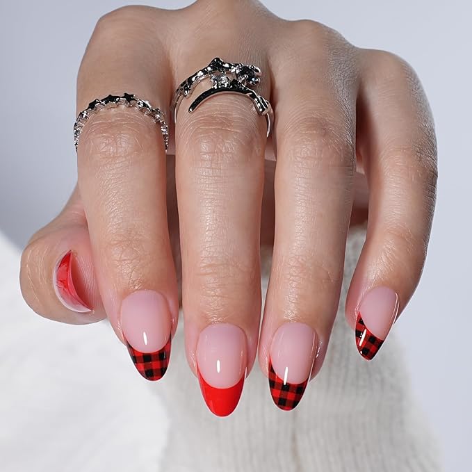 French Tip Press on Nails - Glossy Red Press on Nail, Short Almond Fake Nails Reusable Nails Press ons for Women, 32 Pieces in 16 Sizes False Nails Kit with Glue, Tartan Cheer