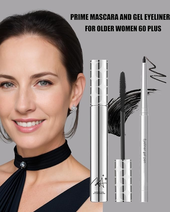 Black Mascara and Waterproof Eyeliner Pencil Set for Older Women 60 Plus,Length and Volume Mascara for Mature Women,Retractable Eye Liner Matte Cream Waterline Eyeliner Makeup for Sensitive Eye-Set A