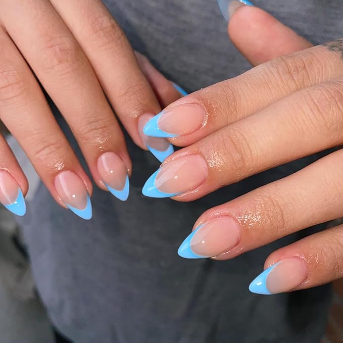 30Pcs Sky Blue French Tip Press on Nails Short Almond Nails Press ons, Short Fake Nails Almond Shaped Acrylic French Glue on Nails False Nail for Women, Natural Stiletto Nail 15 Sizes