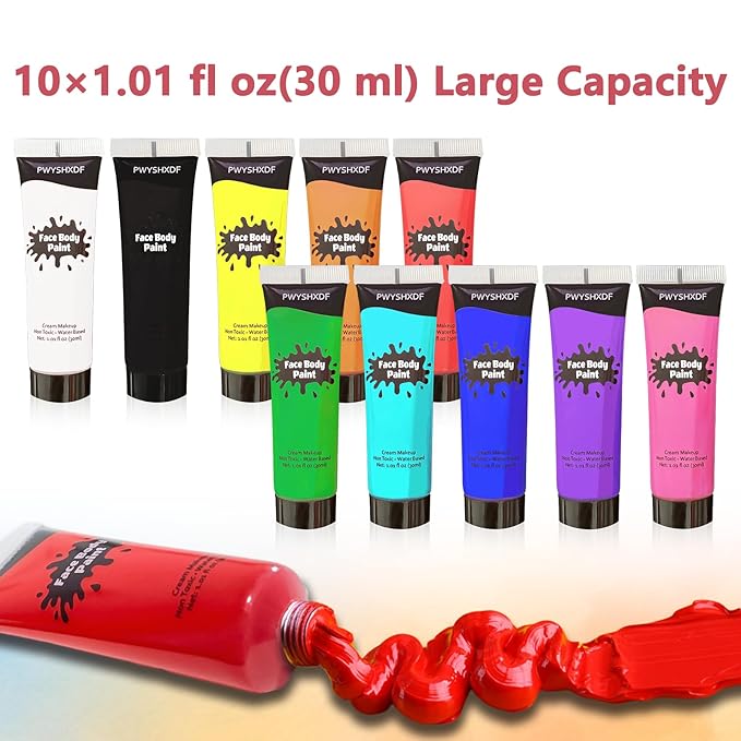 10 Colors Face Body Paint Set, Water Based Body Paint for Kids, Washable Face Paint Kit with Brushes & Sponges, Non-Toxic Face Painting for Halloween Party Cosplay Stage Makeup